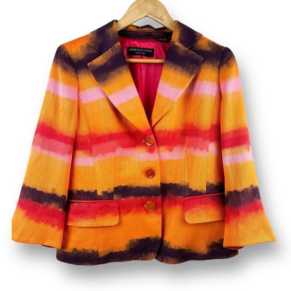 Dana Buchman women’s orange pink red and black wide stripes‎ blazer size 10P